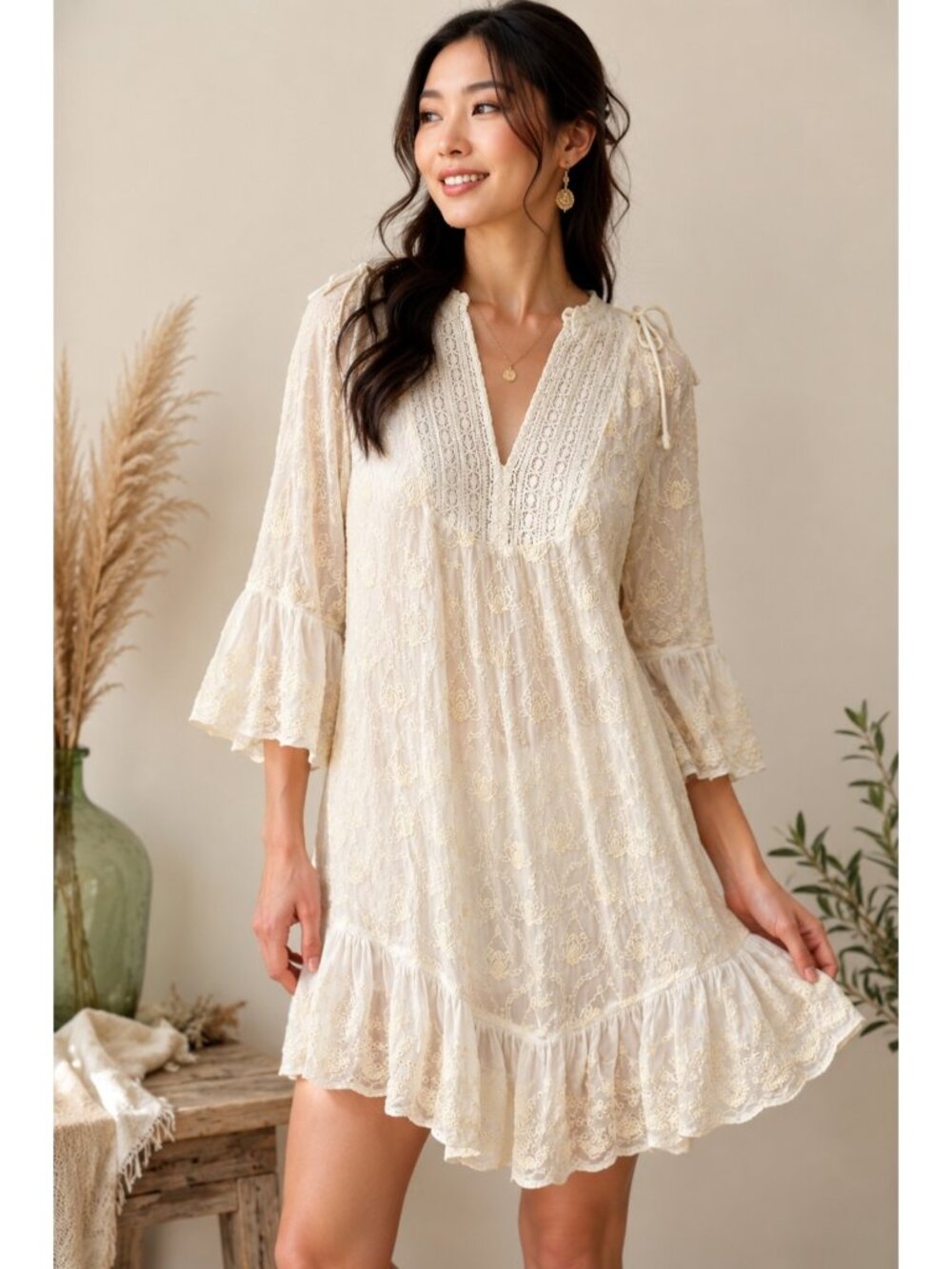 Anthropologie Ivory Embroidered Boho Mini Dress Medium Open Back Ruffle M